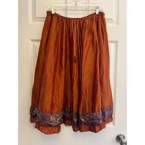 WD-NY Midi Skirt Women's 10 Burnt Orange Silk Beaded Hem Prairie Whimsical Skirt